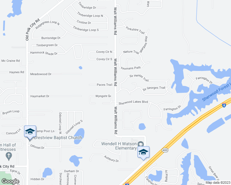 map of restaurants, bars, coffee shops, grocery stores, and more near 1501 Little John's Trail in Lakeland