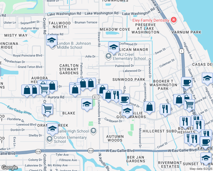 map of restaurants, bars, coffee shops, grocery stores, and more near 237 San Juan Circle in Melbourne