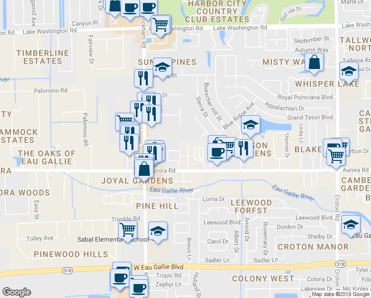 map of restaurants, bars, coffee shops, grocery stores, and more near 1841 Temple Terrace in Melbourne