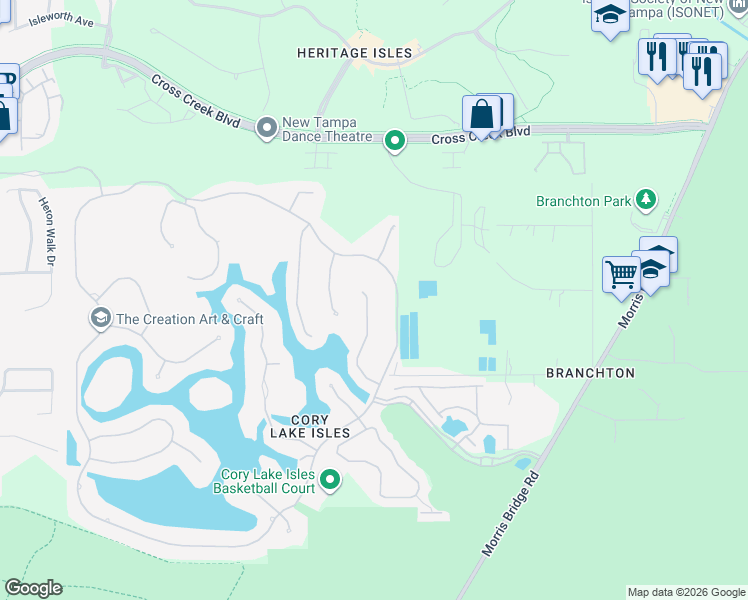 map of restaurants, bars, coffee shops, grocery stores, and more near 18045 Java Isle Drive in Tampa