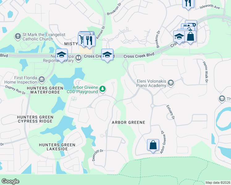map of restaurants, bars, coffee shops, grocery stores, and more near 18001 Wynthorne Drive in Tampa