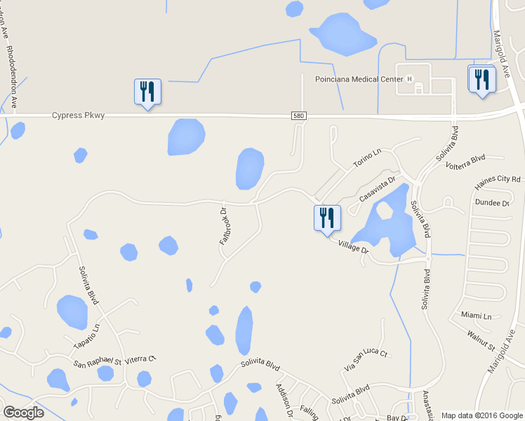 map of restaurants, bars, coffee shops, grocery stores, and more near 2322 Palm Tree Drive in Kissimmee