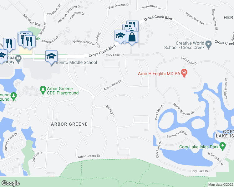 map of restaurants, bars, coffee shops, grocery stores, and more near 10226 Timberland Point Drive in Tampa