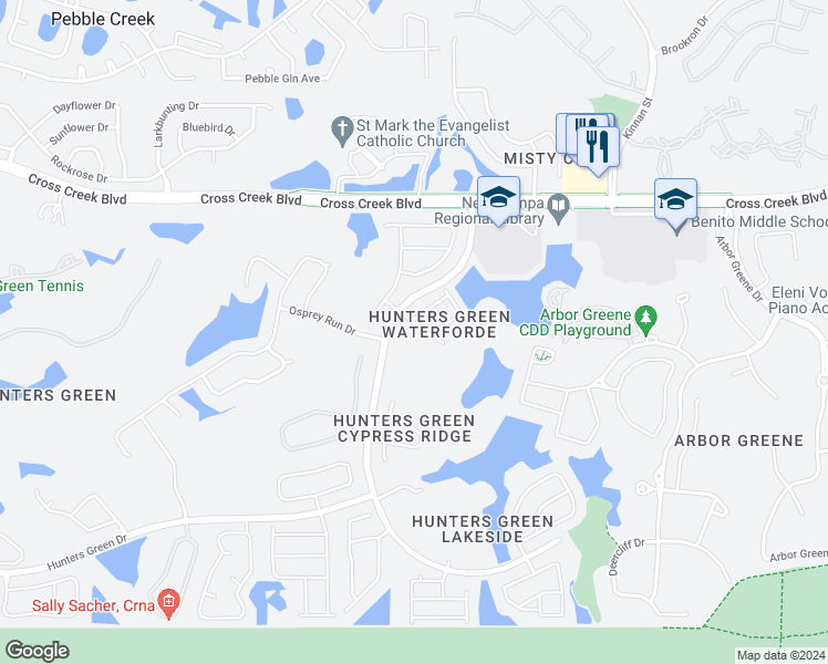 map of restaurants, bars, coffee shops, grocery stores, and more near 9309 Hunters Park Way in Tampa