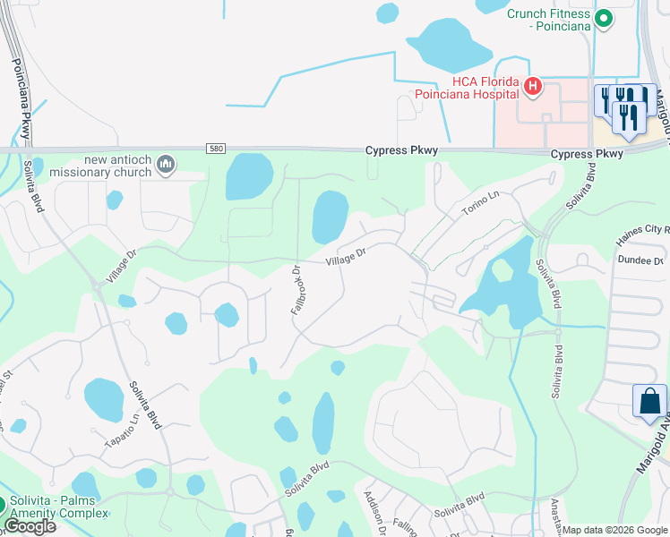 map of restaurants, bars, coffee shops, grocery stores, and more near 2309 Palm Tree Drive in Kissimmee