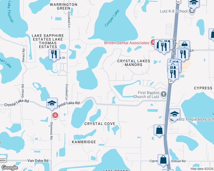 map of restaurants, bars, coffee shops, grocery stores, and more near 17921 Burnside Drive in Lutz