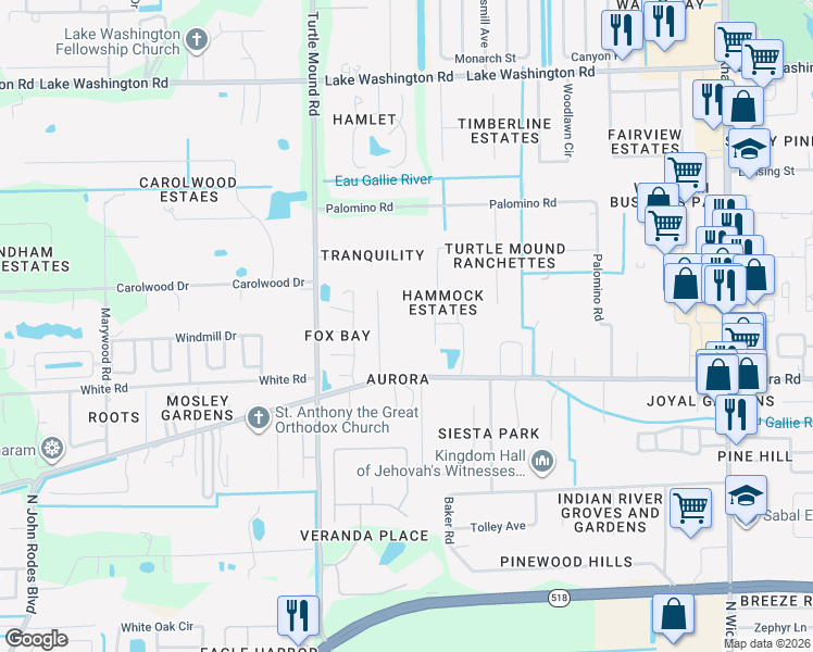 map of restaurants, bars, coffee shops, grocery stores, and more near 1833 Oakwood Trail in Melbourne
