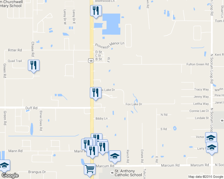 map of restaurants, bars, coffee shops, grocery stores, and more near 1003 Fox Lake Drive in Lakeland