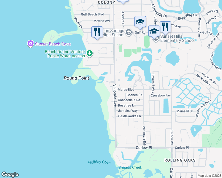 map of restaurants, bars, coffee shops, grocery stores, and more near 203 Tarpon Point in Tarpon Springs
