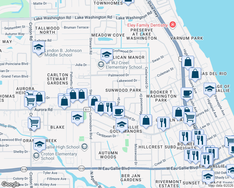 map of restaurants, bars, coffee shops, grocery stores, and more near 1933 Glenwood Drive in Melbourne