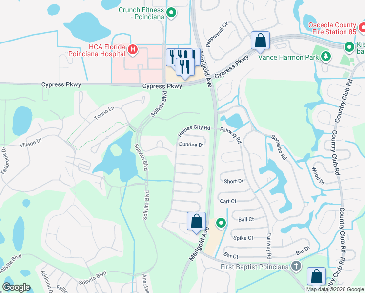 map of restaurants, bars, coffee shops, grocery stores, and more near 377 Dundee Drive in Kissimmee