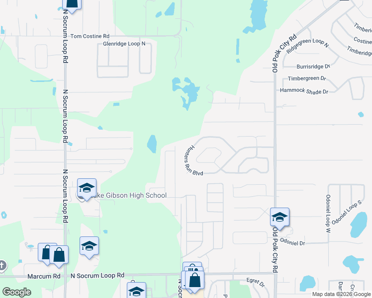 map of restaurants, bars, coffee shops, grocery stores, and more near 573 Hunters Run Boulevard in Lakeland