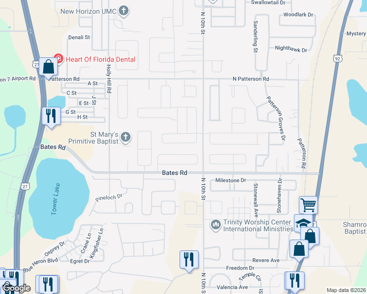 map of restaurants, bars, coffee shops, grocery stores, and more near 656 Meadow Pointe Drive in Haines City