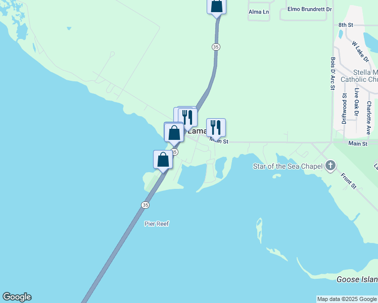 map of restaurants, bars, coffee shops, grocery stores, and more near 5860 Highway 35 North in Rockport