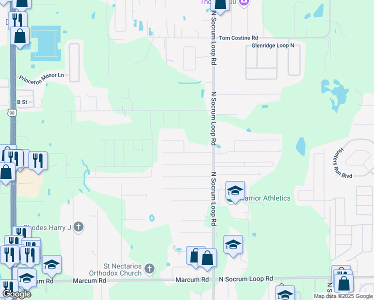 map of restaurants, bars, coffee shops, grocery stores, and more near 225 Tracy Way in Lakeland