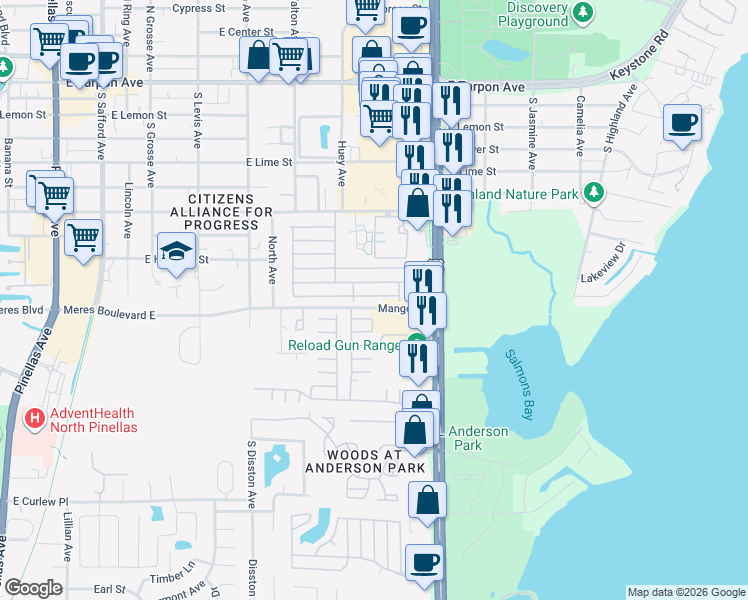 map of restaurants, bars, coffee shops, grocery stores, and more near 7 Drury Lane in Tarpon Springs