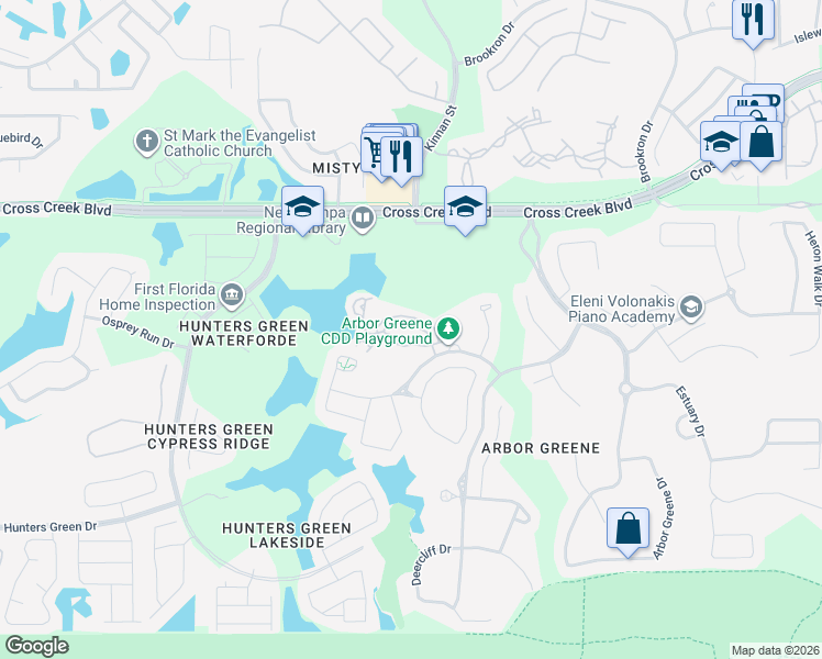 map of restaurants, bars, coffee shops, grocery stores, and more near 10144 Arbor Run Drive in Tampa