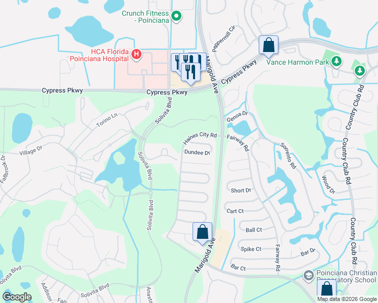 map of restaurants, bars, coffee shops, grocery stores, and more near 378 Dundee Drive in Kissimmee