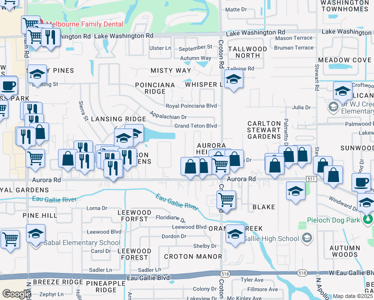 map of restaurants, bars, coffee shops, grocery stores, and more near 474 Linda Lane in Melbourne