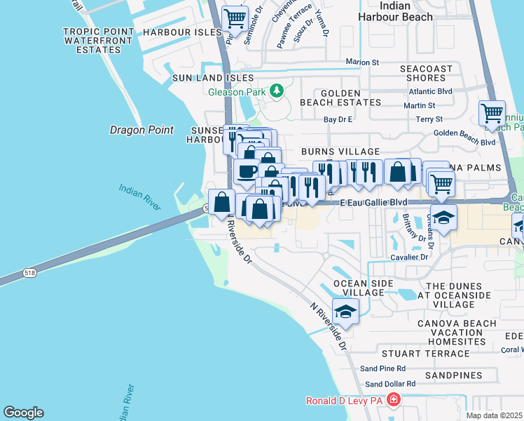 map of restaurants, bars, coffee shops, grocery stores, and more near 245-249 East Eau Gallie Boulevard in Melbourne