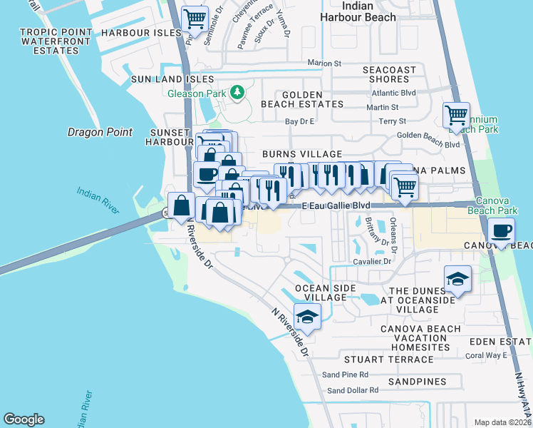 map of restaurants, bars, coffee shops, grocery stores, and more near 415 East Eau Gallie Boulevard in Indian Harbour Beach