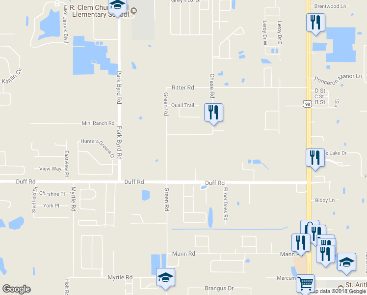 map of restaurants, bars, coffee shops, grocery stores, and more near 7615 Chase Road in Lakeland