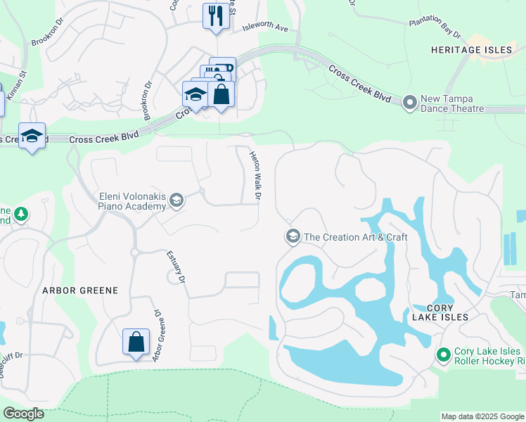 map of restaurants, bars, coffee shops, grocery stores, and more near 18119 Heron Walk Drive in Tampa
