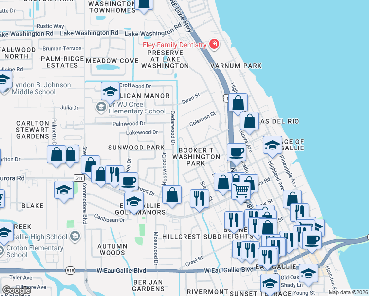 map of restaurants, bars, coffee shops, grocery stores, and more near 1950 Irene Summerford Way in Melbourne