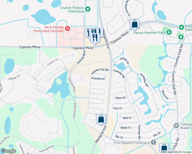 map of restaurants, bars, coffee shops, grocery stores, and more near 382 Dundee Drive in Kissimmee