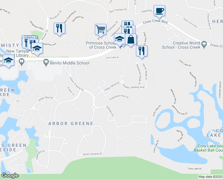 map of restaurants, bars, coffee shops, grocery stores, and more near 10212 Thicket Point Way in Tampa