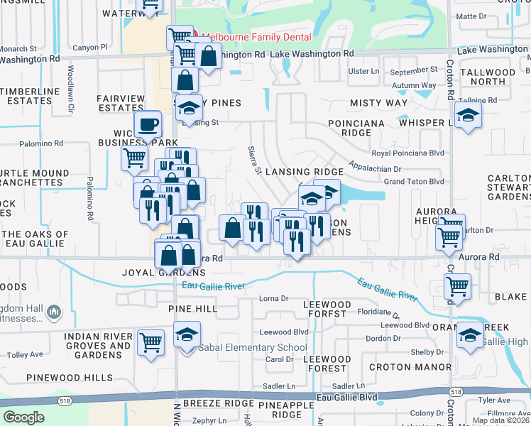 map of restaurants, bars, coffee shops, grocery stores, and more near 2620 Mott Creek Court in Melbourne