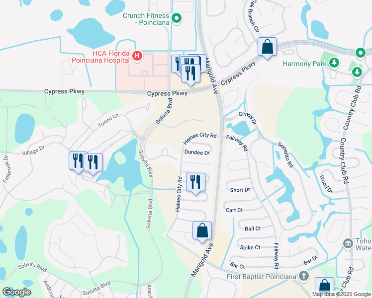map of restaurants, bars, coffee shops, grocery stores, and more near 382 Dundee Drive in Kissimmee