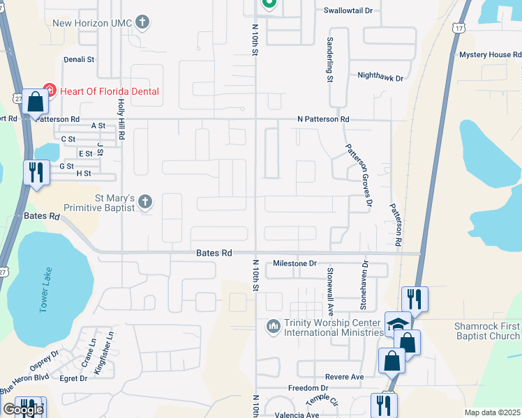 map of restaurants, bars, coffee shops, grocery stores, and more near 4110 Ruby Run in Haines City