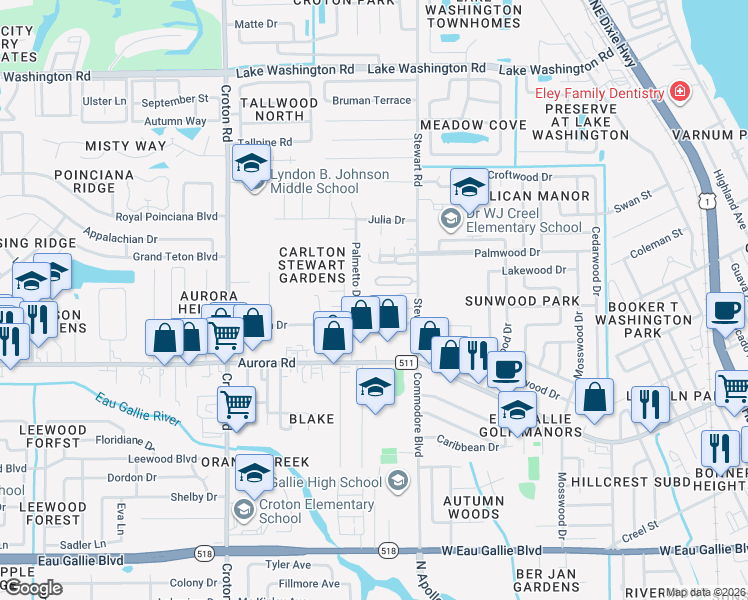 map of restaurants, bars, coffee shops, grocery stores, and more near 530 Palmetto Drive in Melbourne