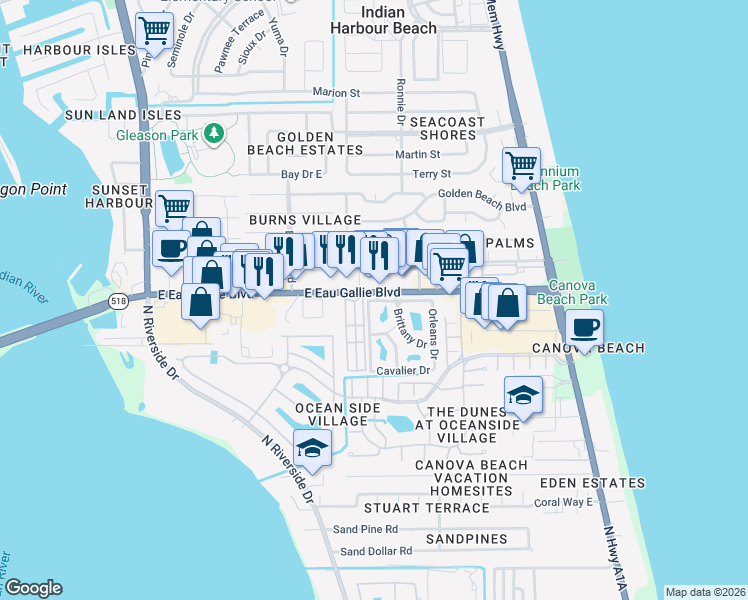 map of restaurants, bars, coffee shops, grocery stores, and more near 1841 Island Club Drive in Indialantic