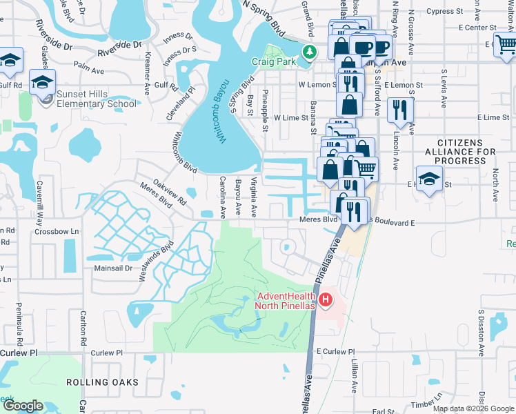 map of restaurants, bars, coffee shops, grocery stores, and more near 806 Virginia Avenue in Tarpon Springs