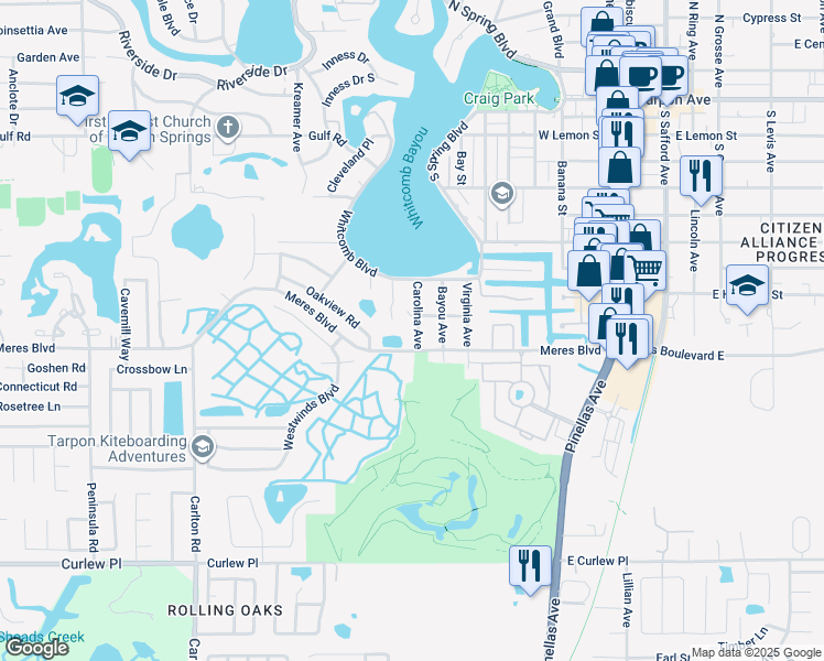 map of restaurants, bars, coffee shops, grocery stores, and more near 807 Carolina Avenue in Tarpon Springs
