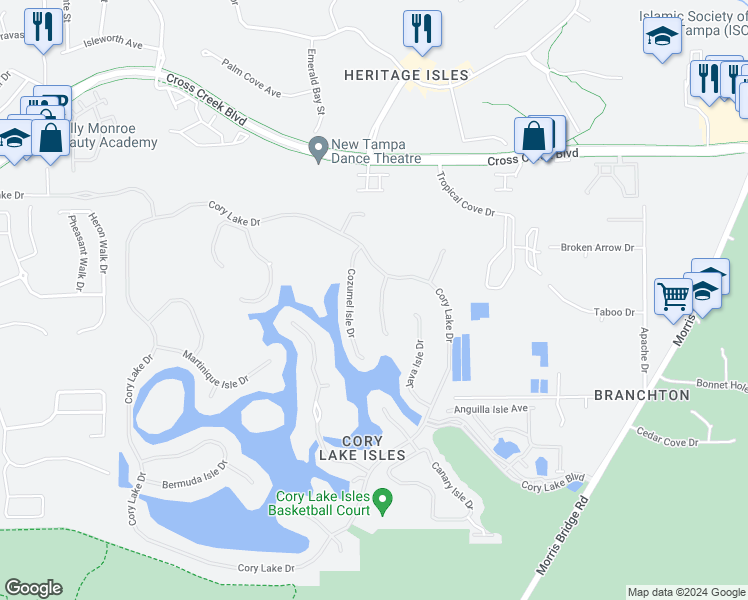map of restaurants, bars, coffee shops, grocery stores, and more near 18030 Malakai Isle Drive in Tampa
