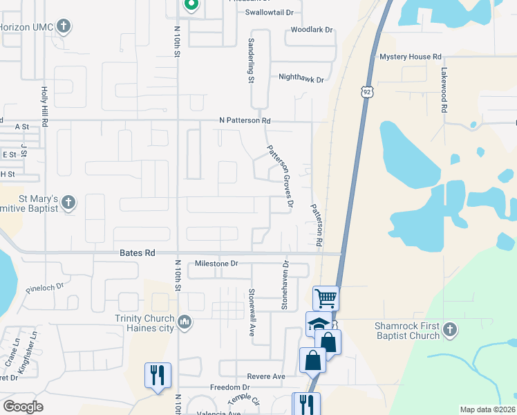 map of restaurants, bars, coffee shops, grocery stores, and more near 2036 Honeybell Avenue in Haines City