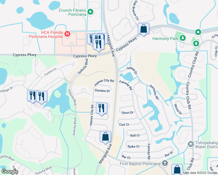 map of restaurants, bars, coffee shops, grocery stores, and more near 330 Dundee Drive in Kissimmee
