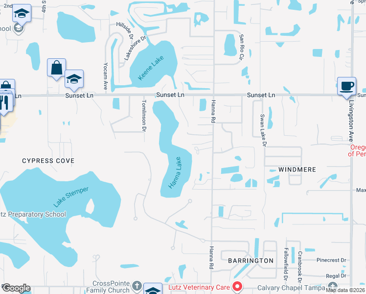 map of restaurants, bars, coffee shops, grocery stores, and more near 18302 Hanna Road in Lutz