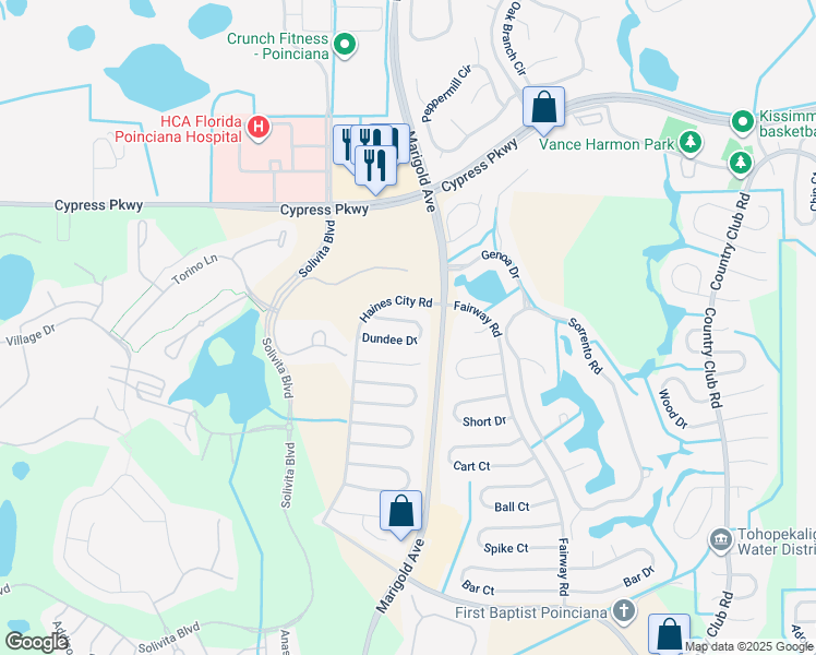 map of restaurants, bars, coffee shops, grocery stores, and more near 326 Dundee Drive in Poinciana