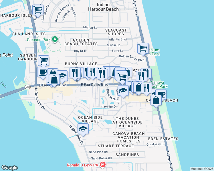 map of restaurants, bars, coffee shops, grocery stores, and more near 1901 Brittany Drive in Melbourne