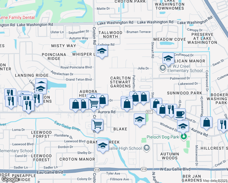 map of restaurants, bars, coffee shops, grocery stores, and more near 1150 Carlton Drive in Melbourne