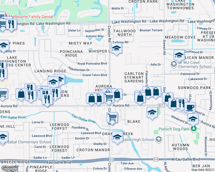map of restaurants, bars, coffee shops, grocery stores, and more near 1942 Croton Road in Melbourne