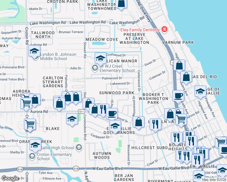 map of restaurants, bars, coffee shops, grocery stores, and more near 1933 Glenwood Drive in Melbourne