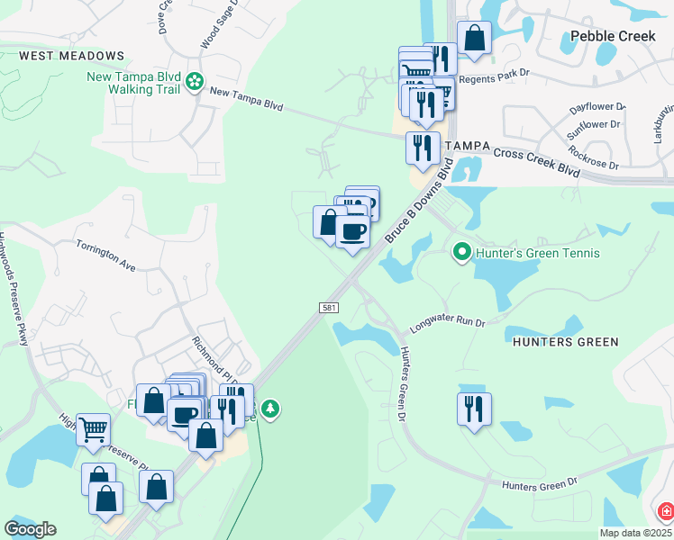 map of restaurants, bars, coffee shops, grocery stores, and more near 8500 Hunters Village Road in Tampa