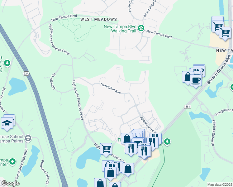 map of restaurants, bars, coffee shops, grocery stores, and more near 8341 Torrington Avenue in Tampa