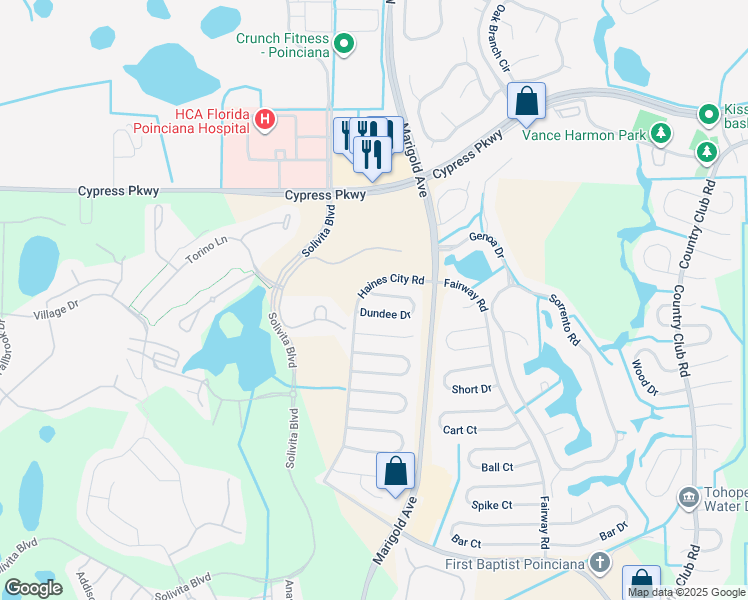 map of restaurants, bars, coffee shops, grocery stores, and more near 306 Dundee Drive in Kissimmee