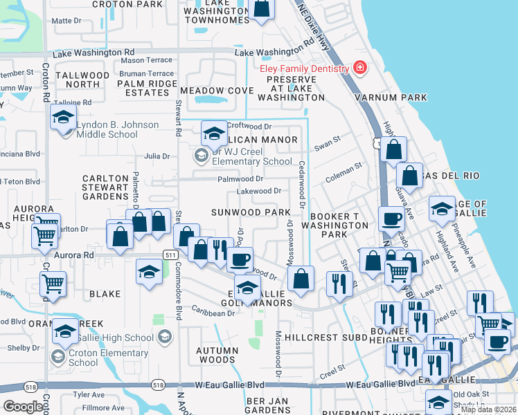 map of restaurants, bars, coffee shops, grocery stores, and more near 1323 Hollywood Drive in Melbourne